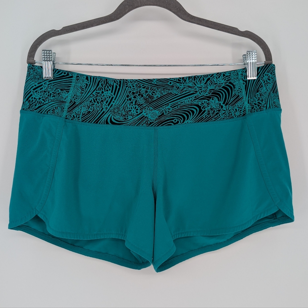 Lululemon Run Times Short | Size 10 | Teal Black Floral Print Liner Summer Yoga